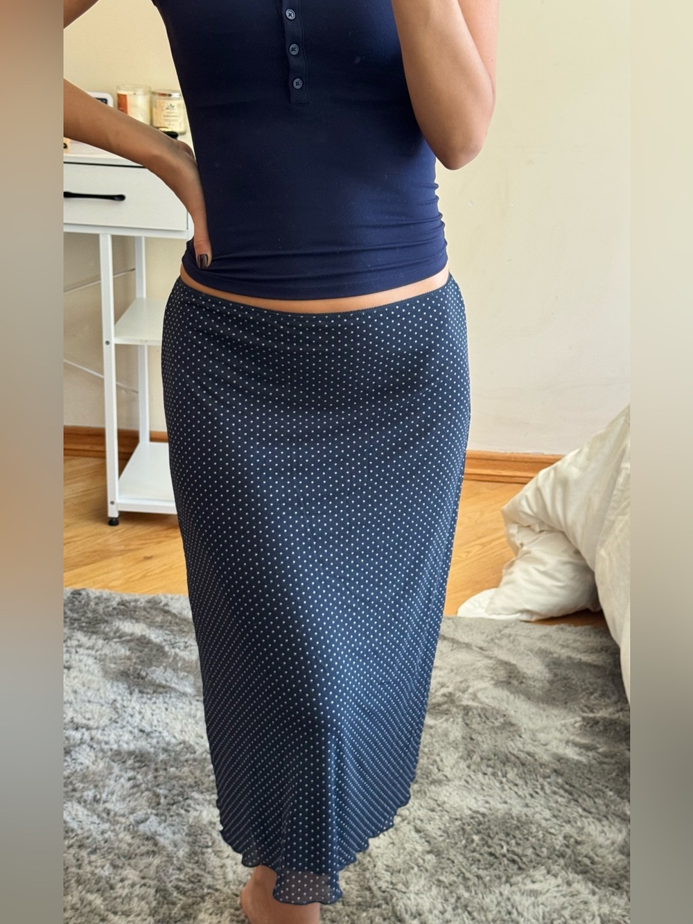 Brandy Melville Navy with White Dot Midi Skirt